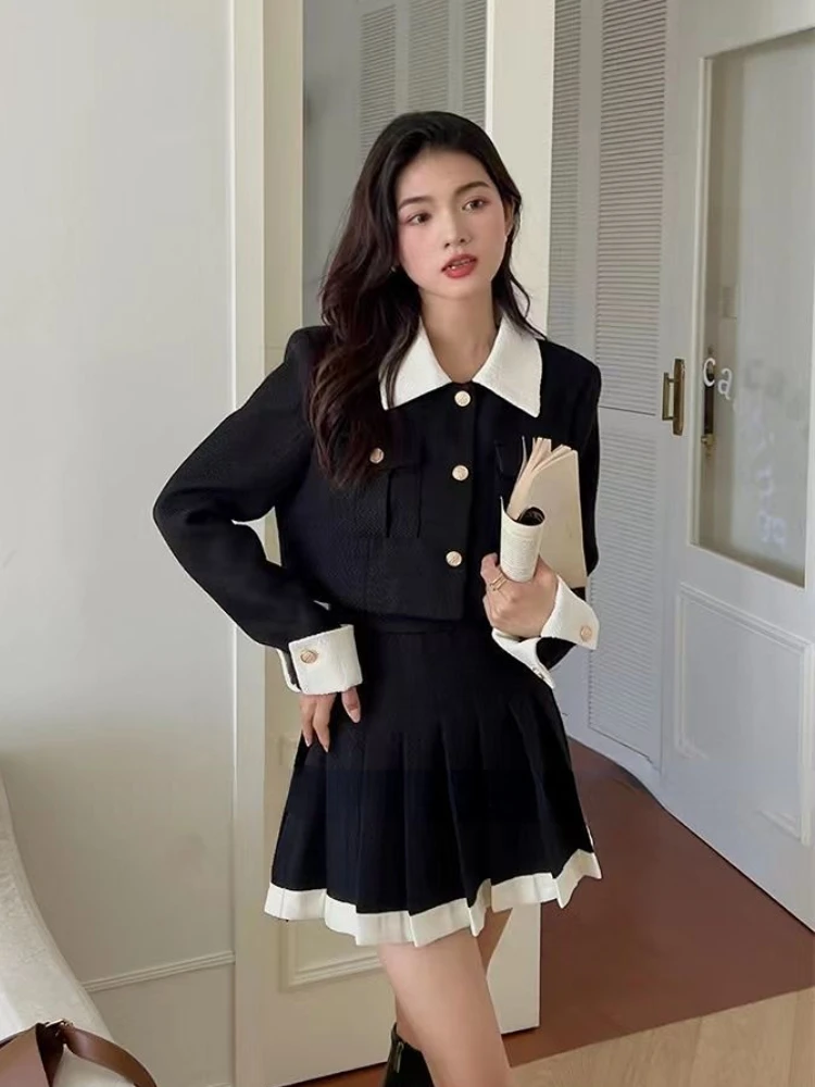 Preppy Style Sets Women Gentle Vintage Cropped Jackets Mini Pleated Skirts Outfits Spring Ulzzang Streetwear OL Simple Fashion