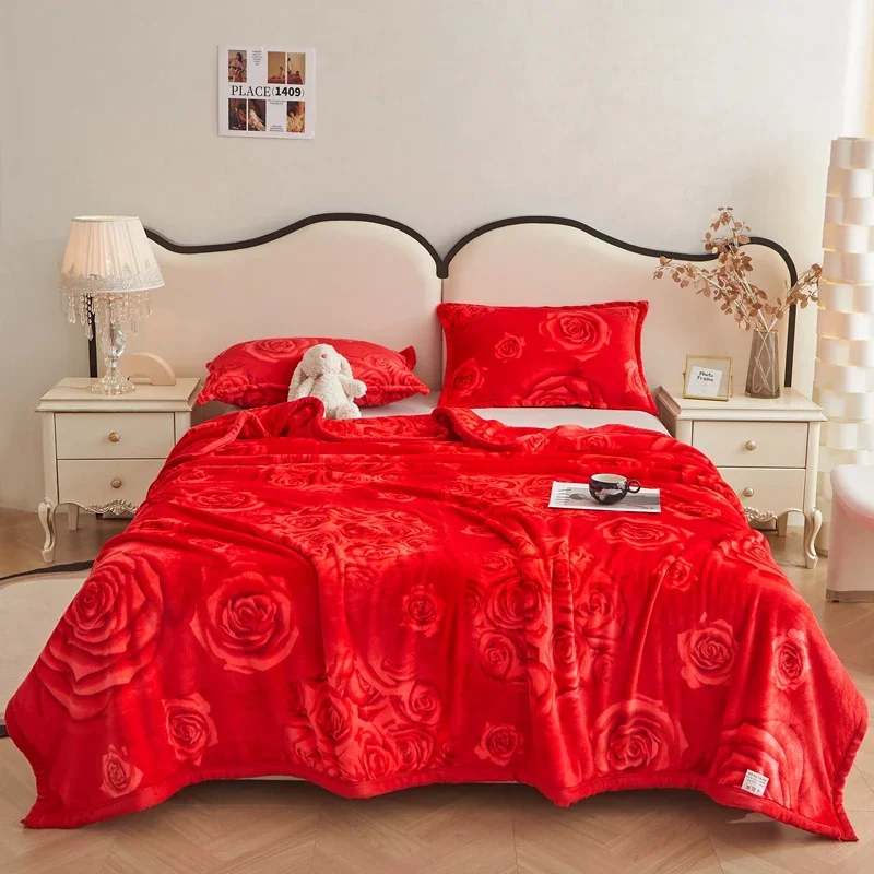 

Red Rose Print Blanket for Bedroom Floral Soft Air Conditioning Blankets Keep Warm Sofa Milk Velvet Blanket Portable Nap Blanket