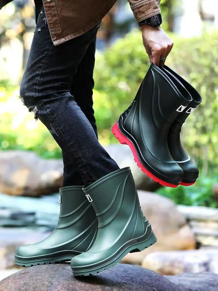 

New Men's New High Top Four Seasons Rain Shoe Soft Bottom Non Slip Detachable Cotton Cover Waterproof Water Shoes Work Shoes