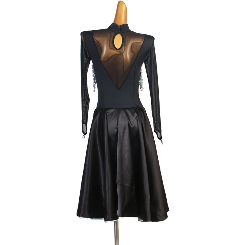 여성용 블랙 라틴 댄스 프린지 드레스 긴 소매 퍼포먼스 복장 탱고 룸바 차차 무대 착용 연습 의류 VDL4264