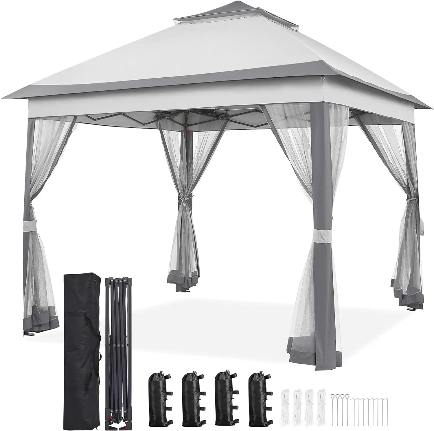 Pop Up Gazebo Outdoor Canopy Shelter Instant Patio Gazebo Sun Shade Canopy Tent with 4 Sandbags 2 Tiers Roof & Mesh Netting