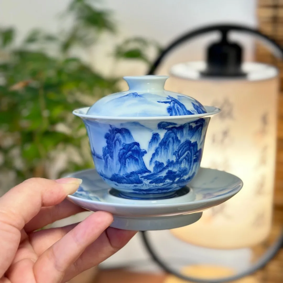 Jingdezhen blue and white porcelain imitation Song Dynasty three talents cover bowl hand-painted thousand miles of country