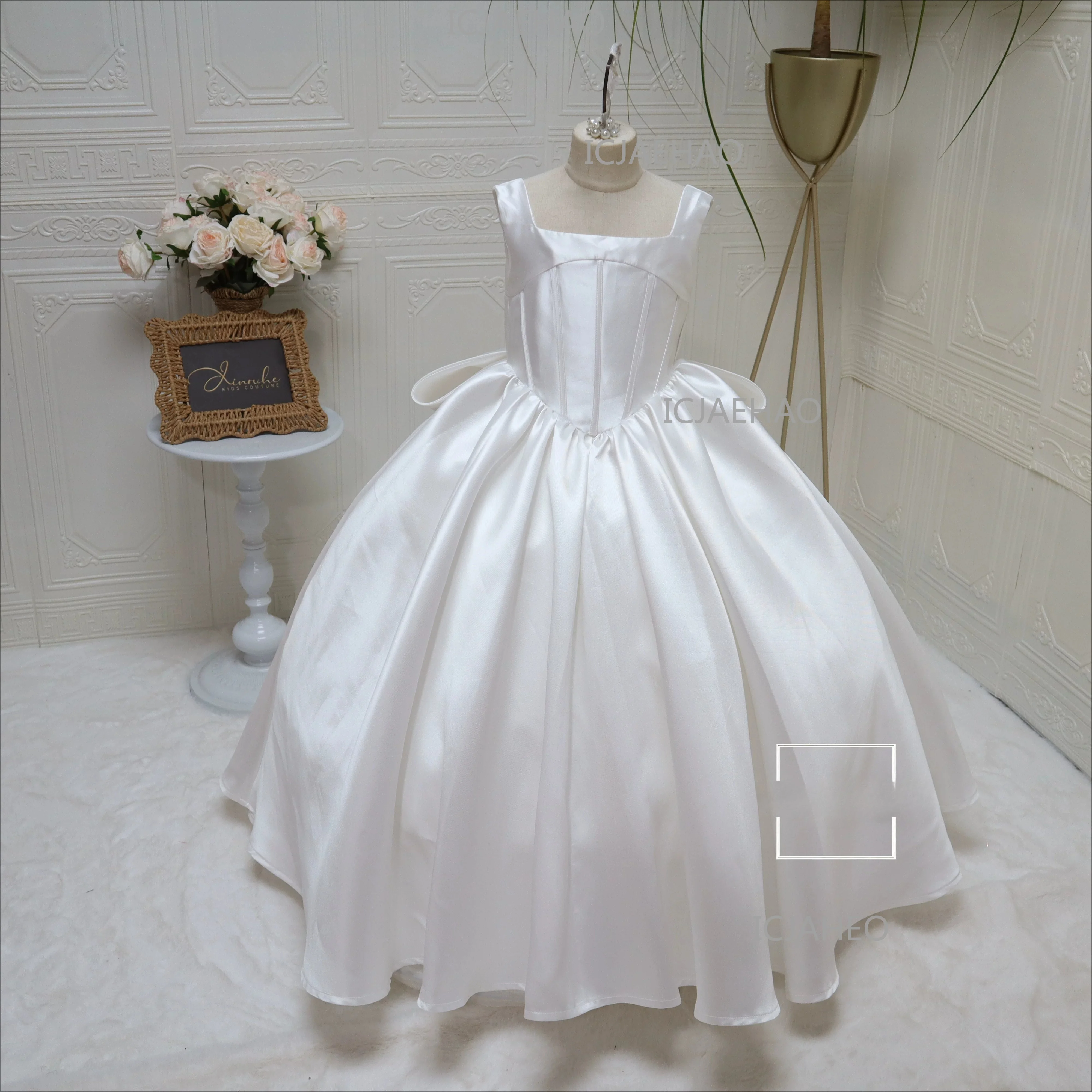 Girls Spaghetti Strap Dress, Waist-Cinched New Formal Dress Birthday Dress Children Maxi Long Gown, Elegant Photo Shoot White