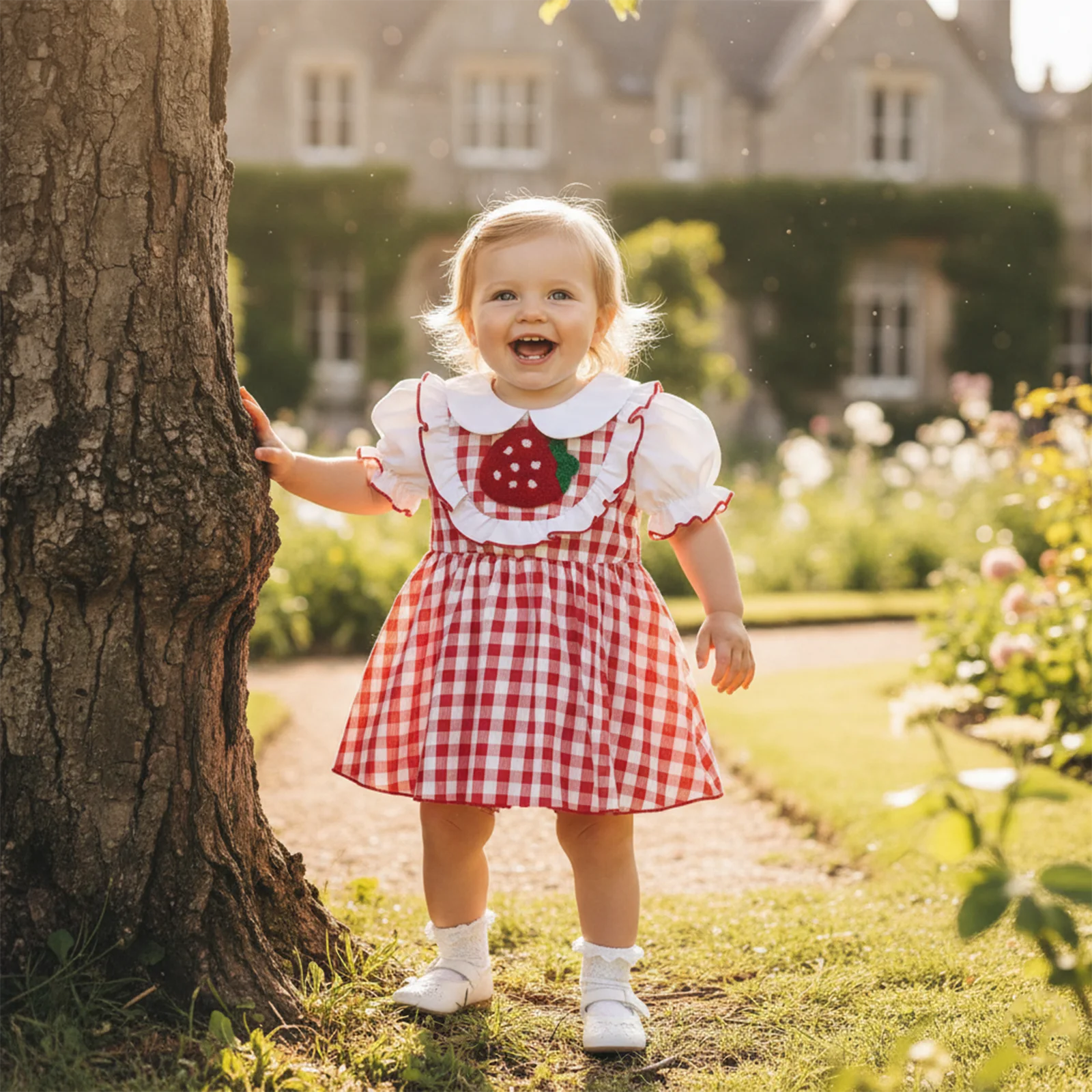 

Летний комбинезон-платье для девочек в стиле Лолита с вышивкой клубники, с короткими рукавами-фонариками, боди для новорожденных, одежда для младенцев