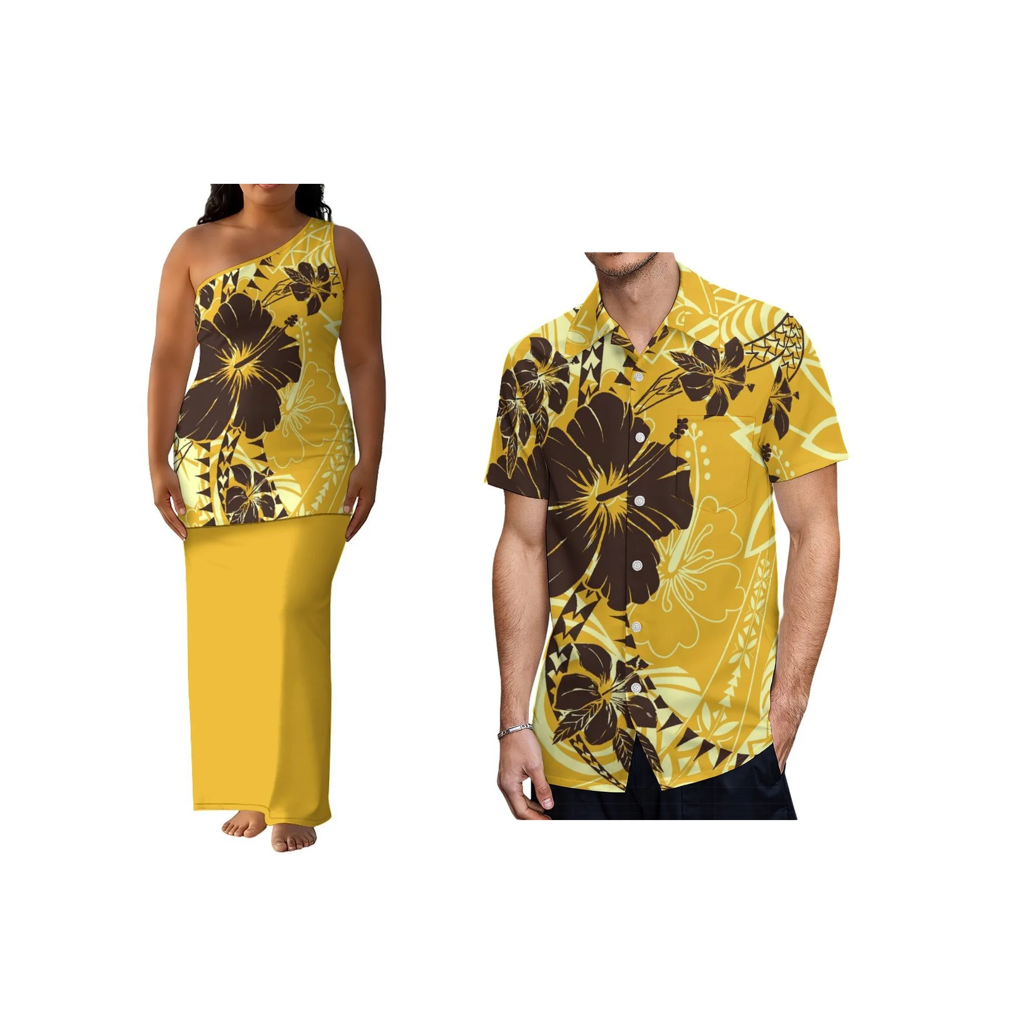 

New Plus Size Women One Shoulder Two Piece Maxi Dress Custom Polynesian Design Print Set