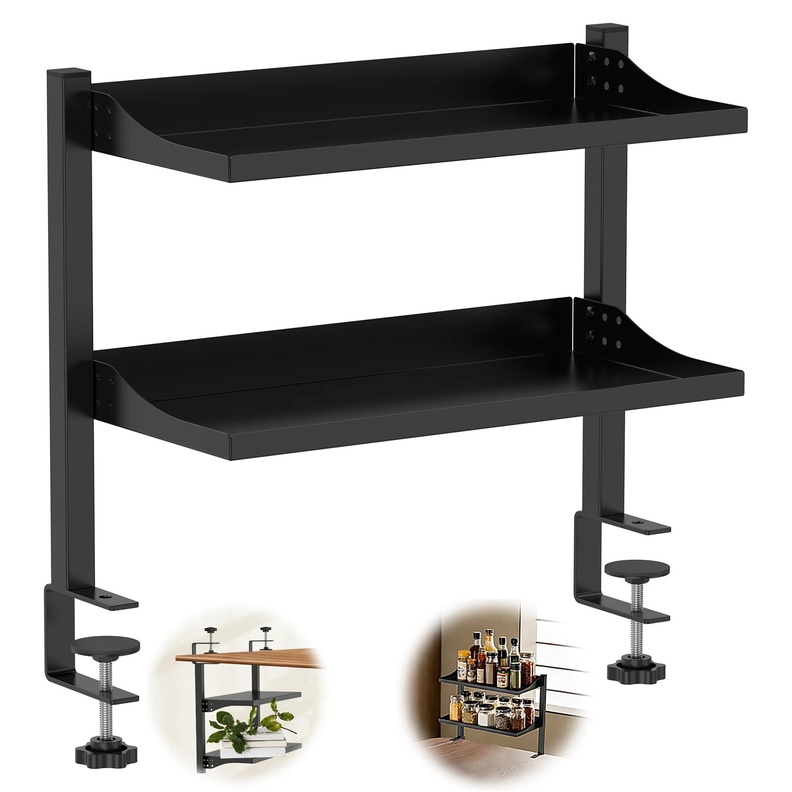 2 Tiers Clamp-on Desk Shelf Adjustable Metal Computer Desktop Clamp No Drill Easy Install Above or Below Office Tabletop Mount