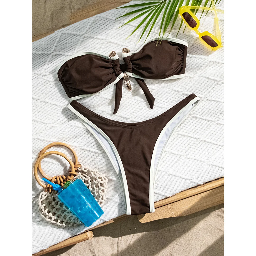 Bandeau-Splicing-Bikini mit Metallring, brasilianischer Bikini, Damen-Badebekleidung, zweiteiliger Bikini-Set, Badeanzug, Badebekleidung, Schwimmbikini V5651 – Detail 18