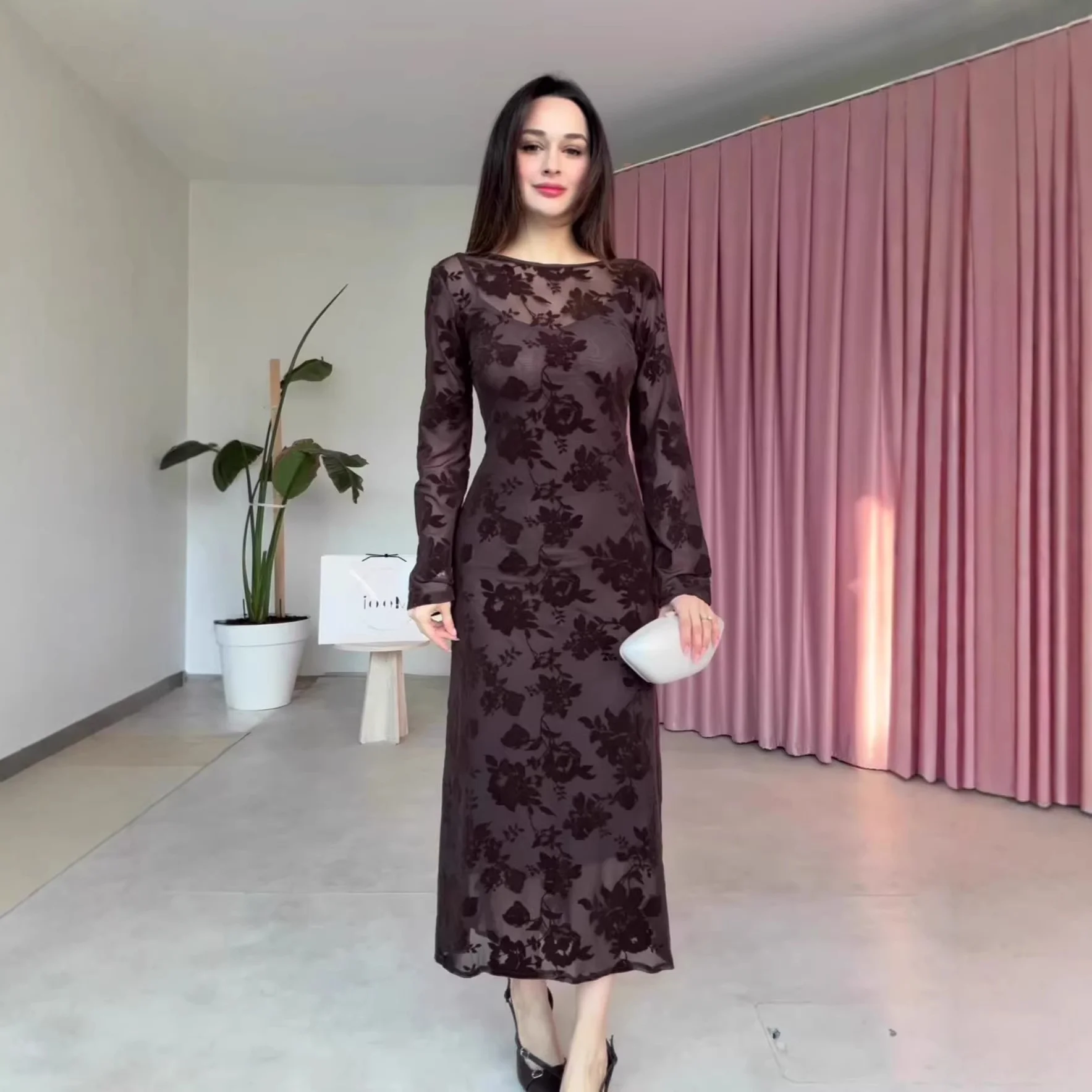 

Women's Vintage Light Mature Style Long-sleeved Long Floral Dress