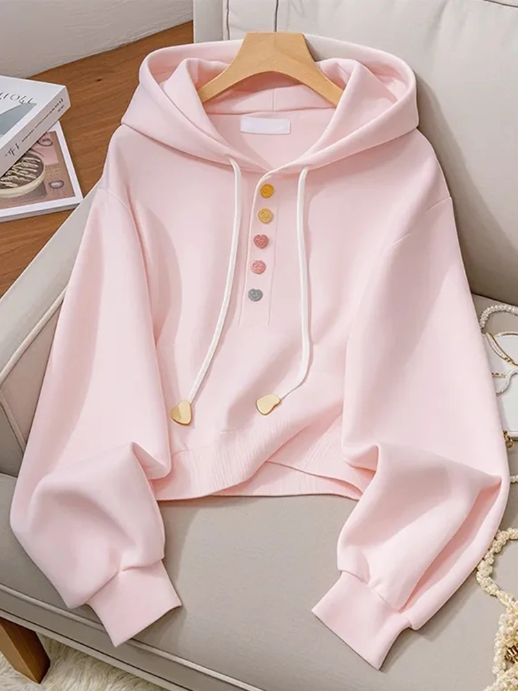 Zoki Sweet Pink Hoodies Women Fashion Elegant Long Sleeve Sweatshirts Korean Loose Casual Buttons Female Preppy Style Top Spring