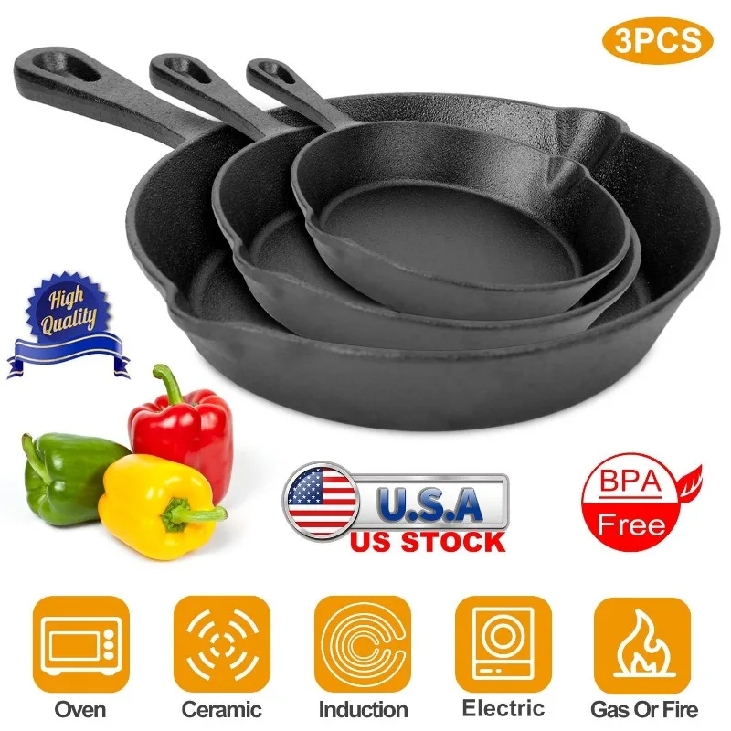 

3-Piece Pre-Seasoned Cast Iron Skillet Set - Non-Stick Safe & Heat-Resistant Frying Pans Durable Oven-Safe Cookware for Stovetop