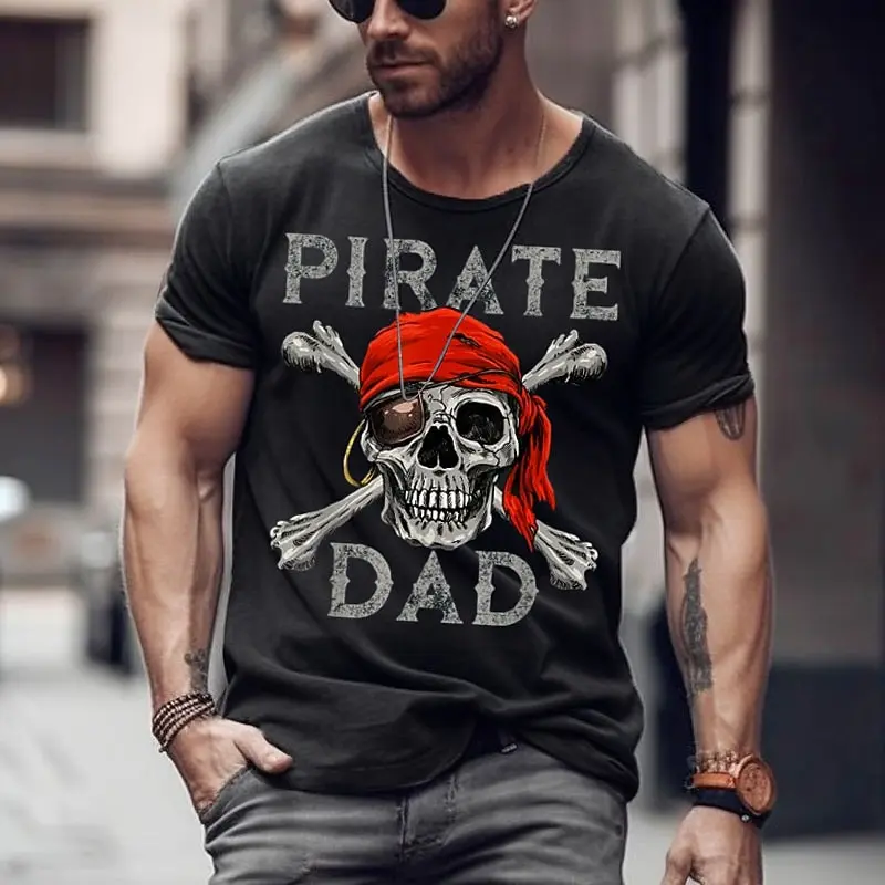 Men's Pirate Dad Graphic 3D T-shirt Fashion Cool Skull Print Short Sleeve T Shirt Outdoor Casual Unisex Y2k Top Summer Clothing