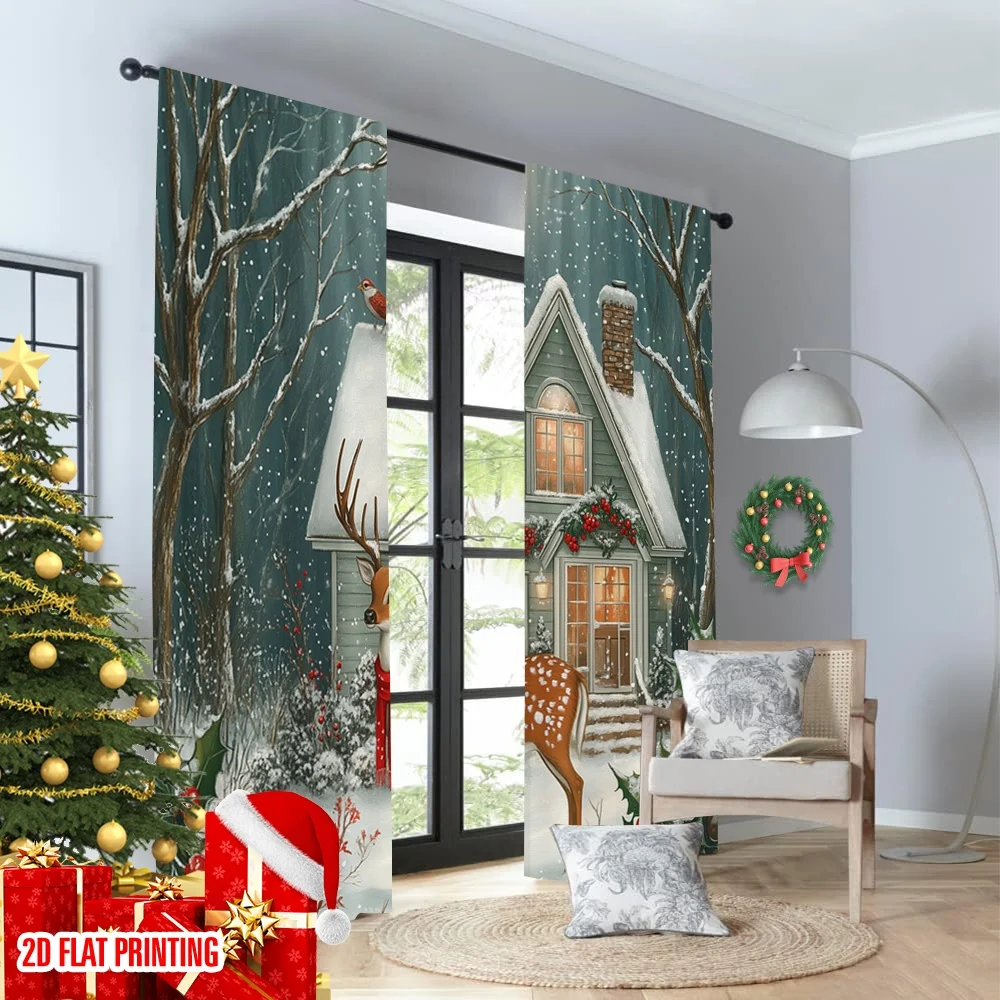 2 قطعة 2D الطباعة المسطحة حفلة عيد الميلاد الستار الغزلان الكاردينالز منزل ثلجي (3) النسيج بدون كهرباء عطلة احتفالية الكمال