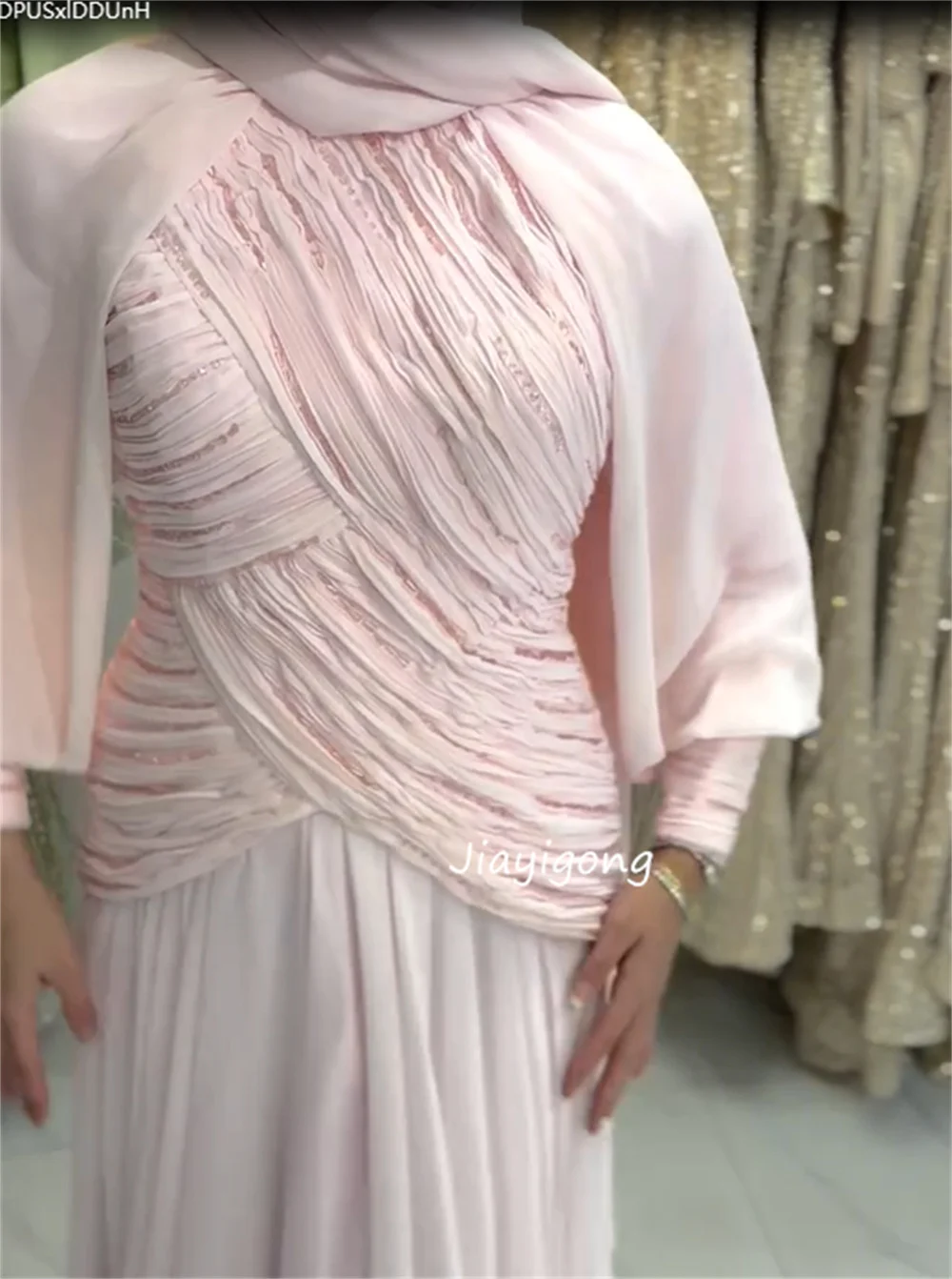 맞춤형 반짝이 시폰 플리츠 스팽글 장식 A라인 O넥 롱 셀러브리티 럭셔리 파티 고급 고품질 파스텔