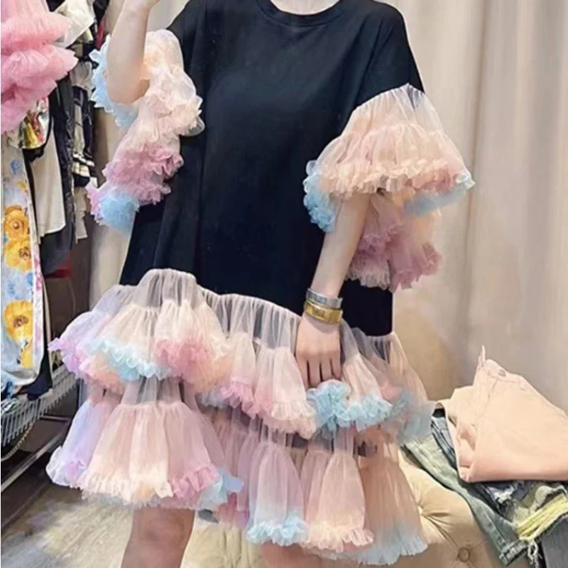 Chic Irregular Mesh Patchwork Ruffles T-shirts Dress Women Color Contrast Short Flare Sleeve Gauze Lotus Tees Dresses Vestidos