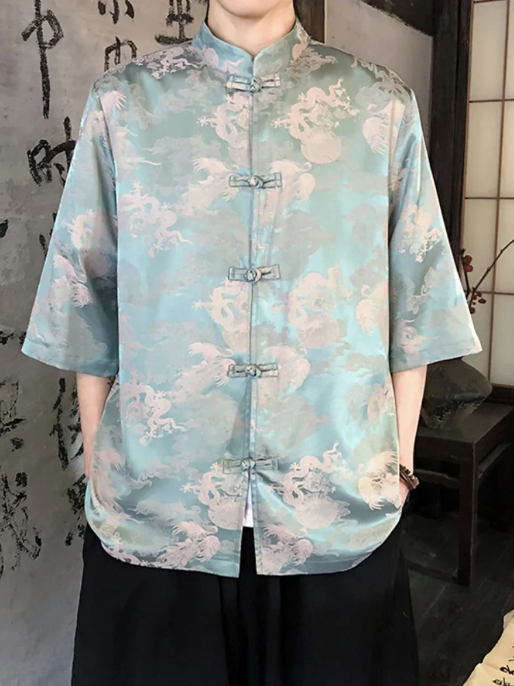 

New Chinese Sle Men's Ice Silk ort Sve irt Lightweight National Trend Hanfu Summer Loose Fit Youthful Culture