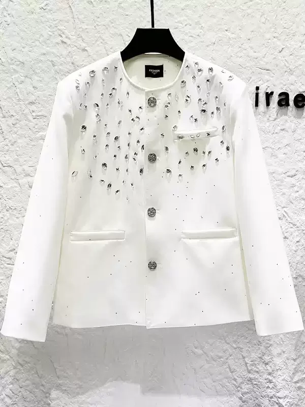 2025 Autumn New Heavy Embellished  Jacket for Men Korean Version Light Luxury Casual Loose Turn-down Collar Jacket