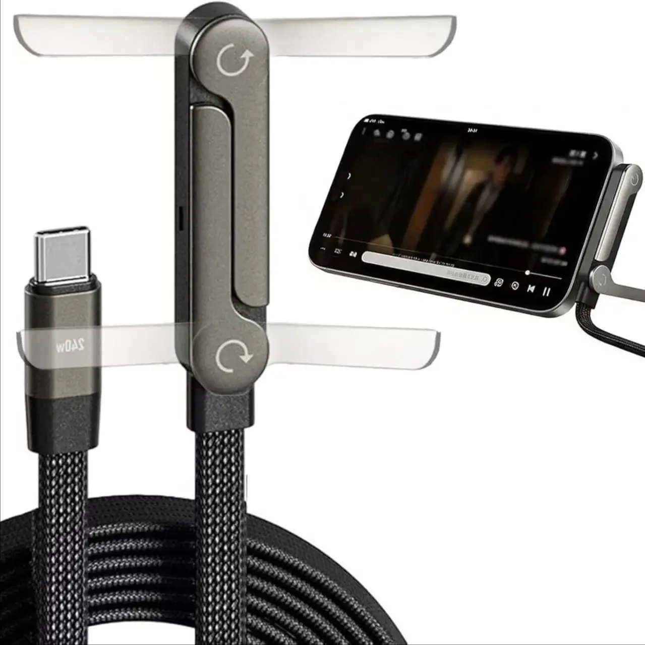 

USB-C Charging Cable with Invisible Support 240W USB Type C Flat Kick Cable Stand Foldable Phone Holder C-type Bracket Cable Kit