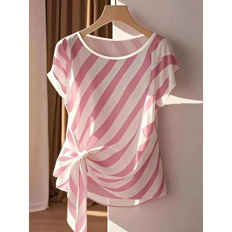 Women's Elegant French-Inspired Sleeveless Blouse with Bow Detail & Striped Pattern
