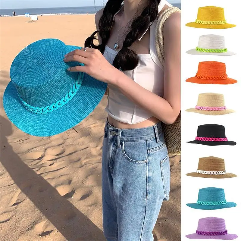 Summer women hat new adjustable flat top men\'s and women\'s straw hat fedora sun hat beach hat jazz fluorescent yellow jazz