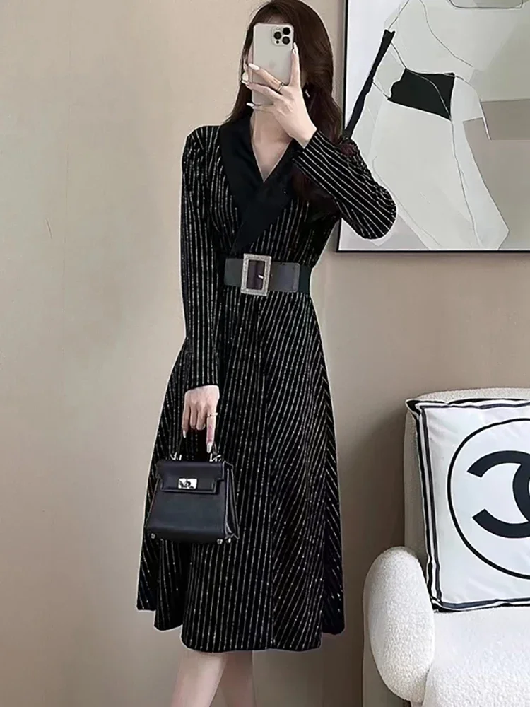 2024 Black Striped Velvet Luxury Formal Dress Women Fashion Bandage Bodycon Dress Autumn Winter Elegant Bespoke Occasion Dresses