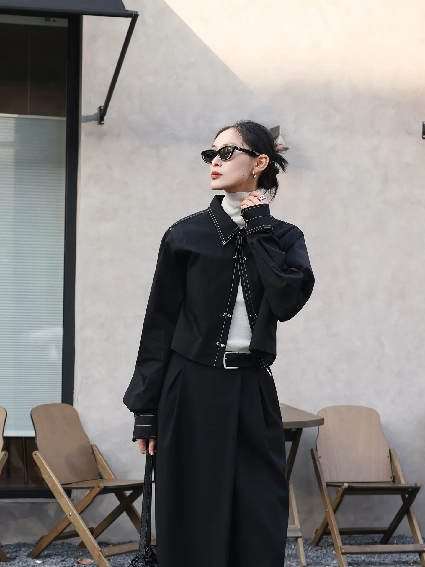 

Jieji Zhang Spring 00% Cotton Bla Simple Versatile Quilted Denim irt Women's ort Outerwear Casual Loose Fit Long Sve