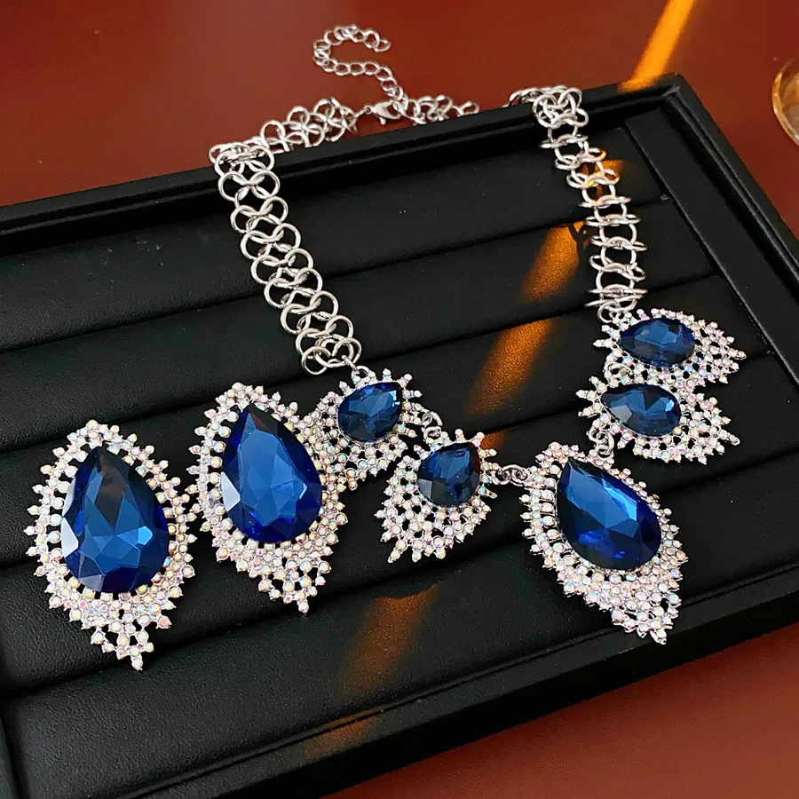 Luxury Shiny Blue Crystal Necklace Earrings Set For Women Water Drop Pendant Jewelry Sets Wedding Bride Accessories