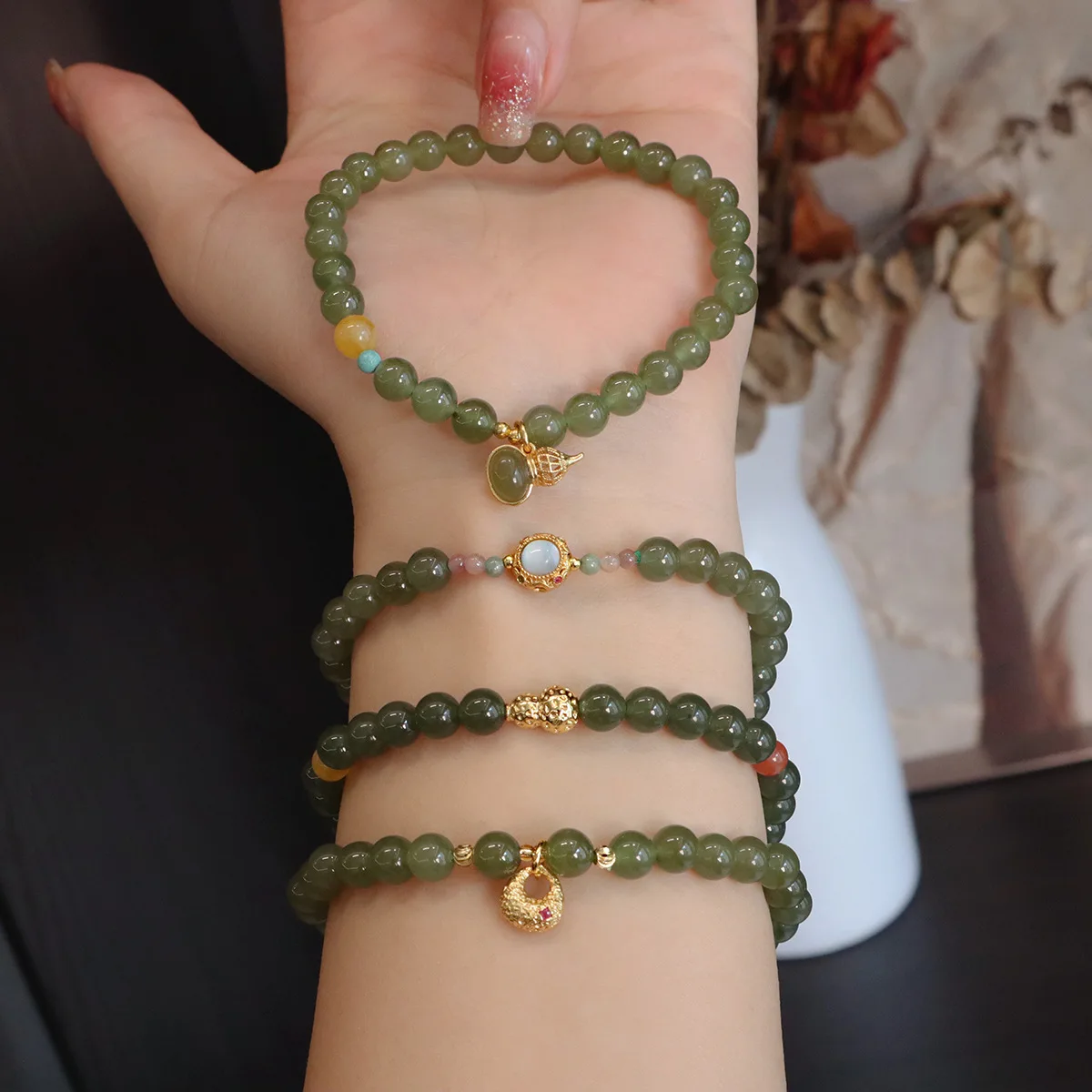 

Ruifan 6MM Natural Hetian Jade Beaded Stretch Women Bracelets Genuine Amber&Tourmaline Stones Handmade Jewelry Healing Crystal