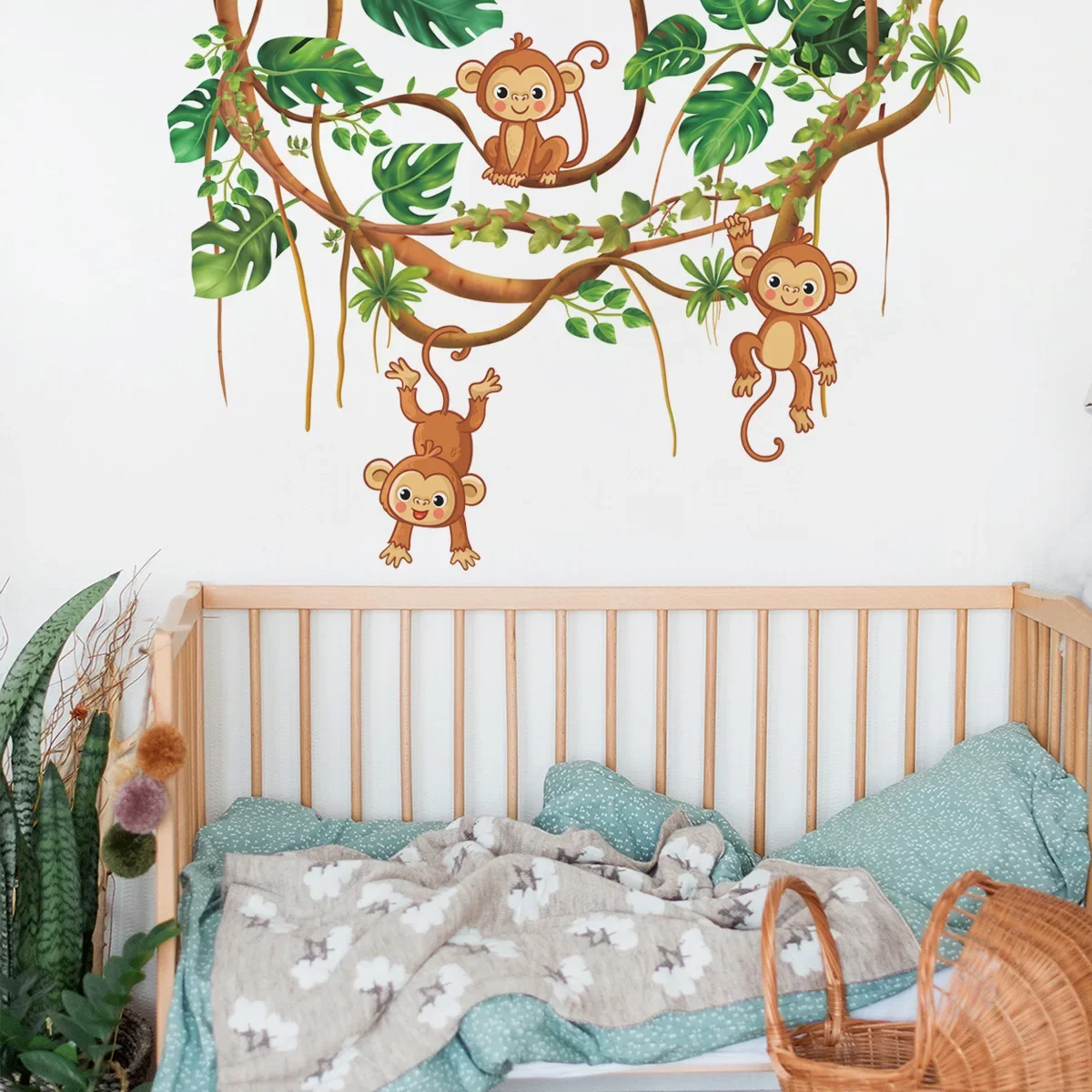 Little Monkey Wall Stickers Climbing Tree Green Plant Vine Children's Bedroom Decoration Wall Decor Self-adhesive Wallpaper