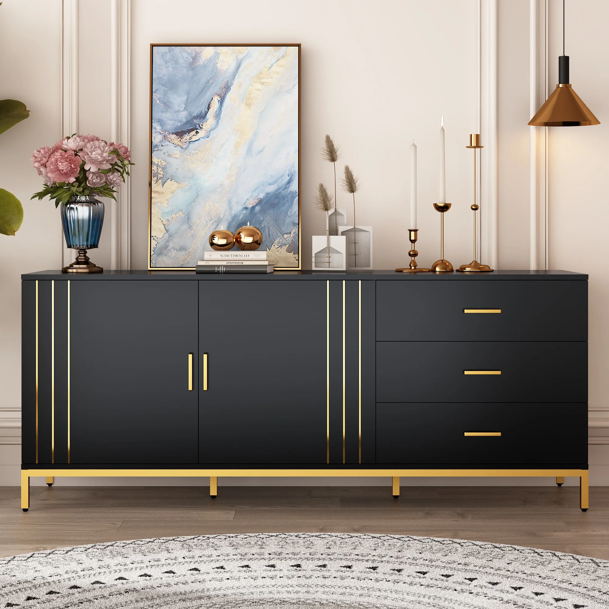 63” Sideboard Buffet Cabinet with 3 Drawers, Modern Credenza Storage Cabinet with Gold Metal Legs, TV Cabinet for Living Room