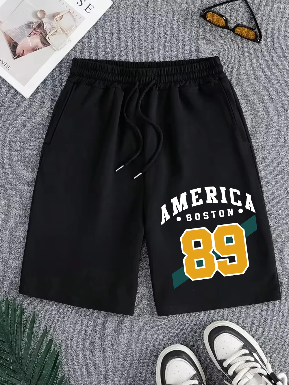 America Boston 89 Printing Pants Mens Sporty Pocket Wide Knee Length Shorts Basics High Waisted Shorts Summer Oversized Clothes