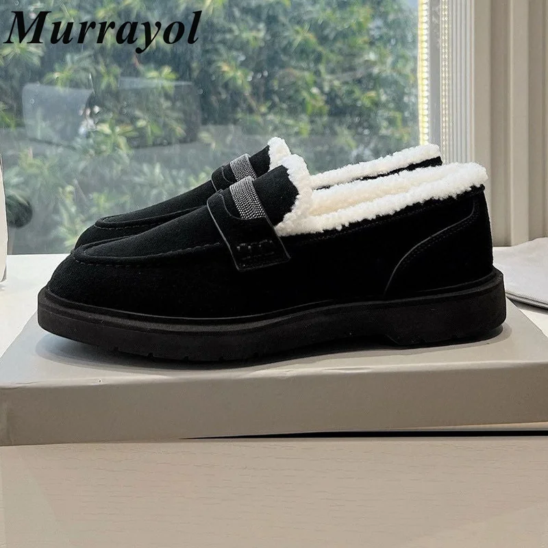 New Cow Suede String Bead Decor Loafers Women Round Toe Retro Single Shoe Spring Autumn Wools Lining Daily Commuter Shoes