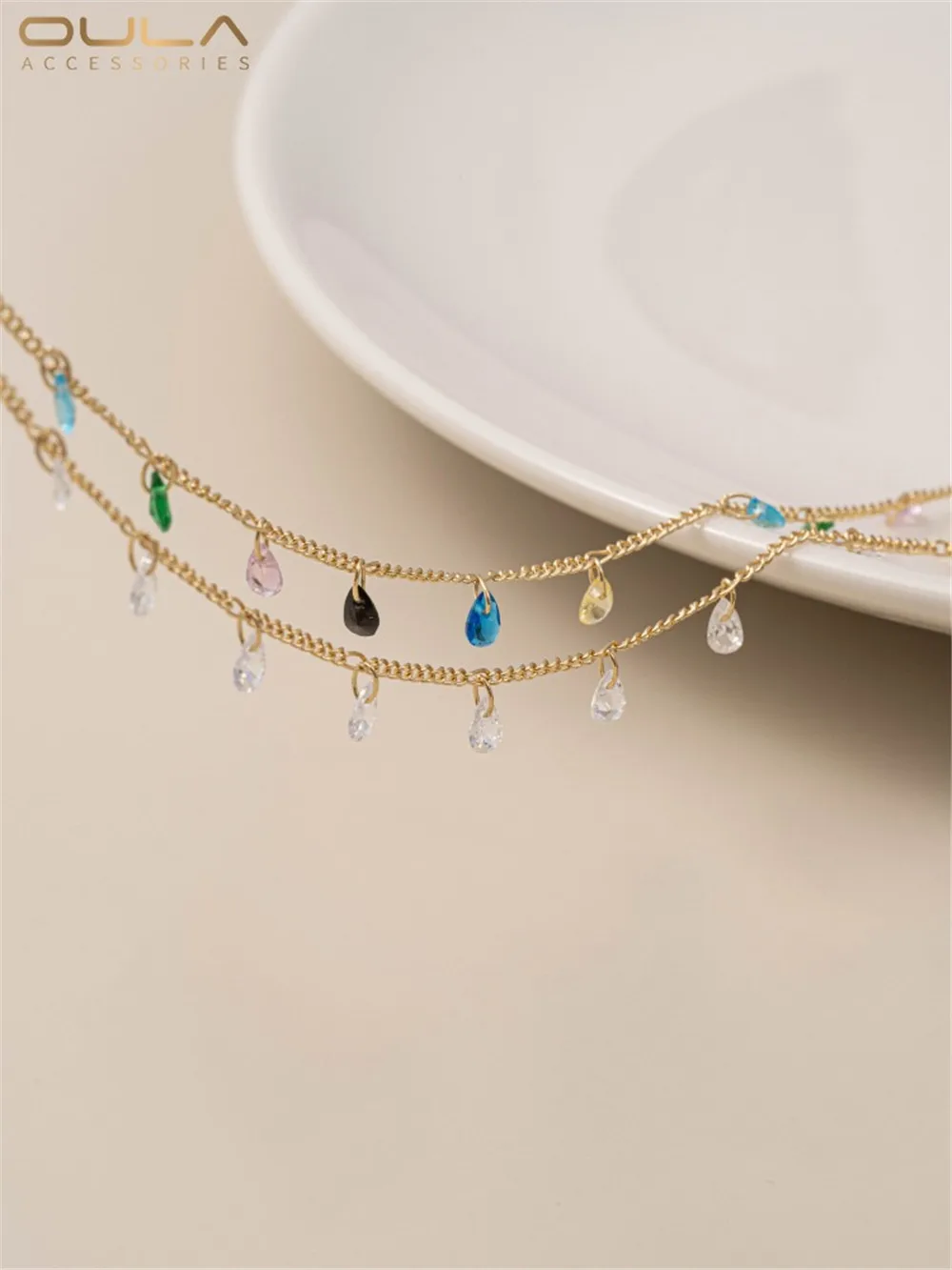 Handmade Chain 14K Gold Plated Hanging Water Droplet Shaped Zircon Chain DIY Homemade Bracelet Necklace Jewelry Loose Chain