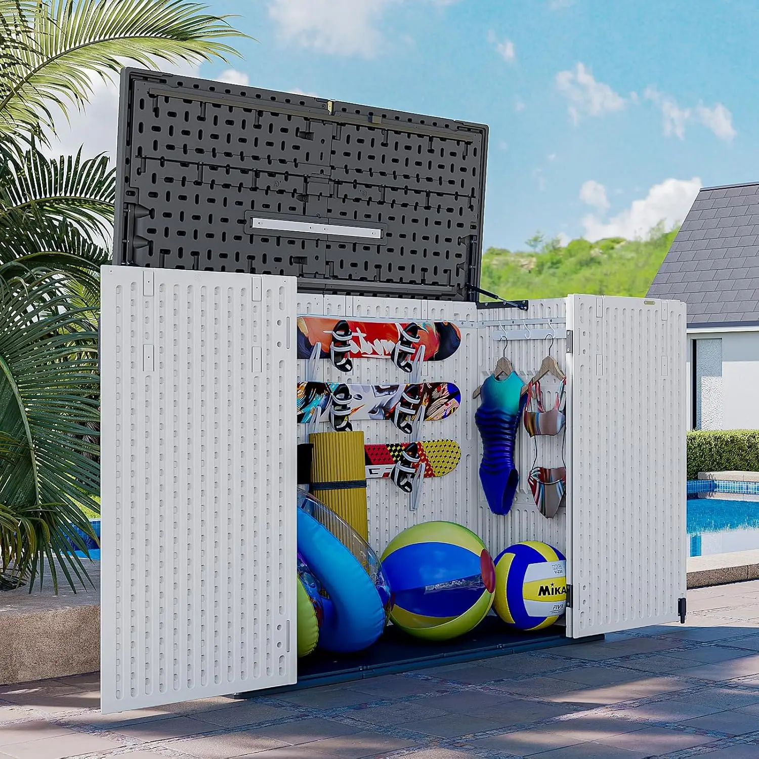 Horizontal Storage Shed 41Cu.ft 160Gal Waterproof Lockable Resin Outdoor Patio Garden Pool Cushions Tools, Customized