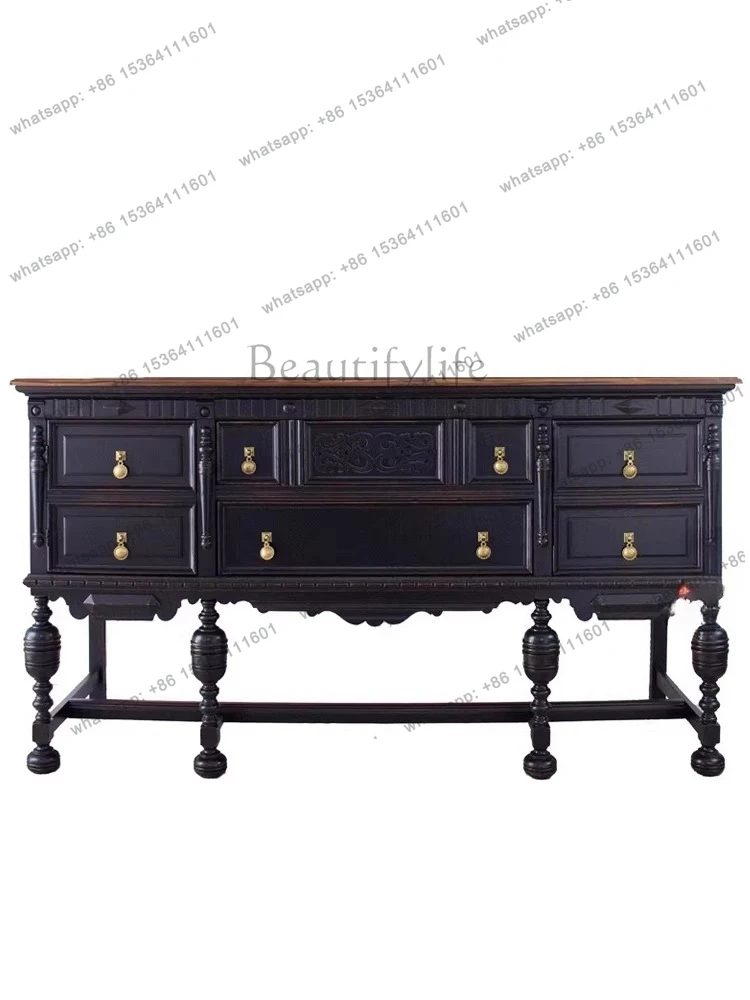 

French retro solid wood decorative cabinet European home storage black carved dining side cabinet