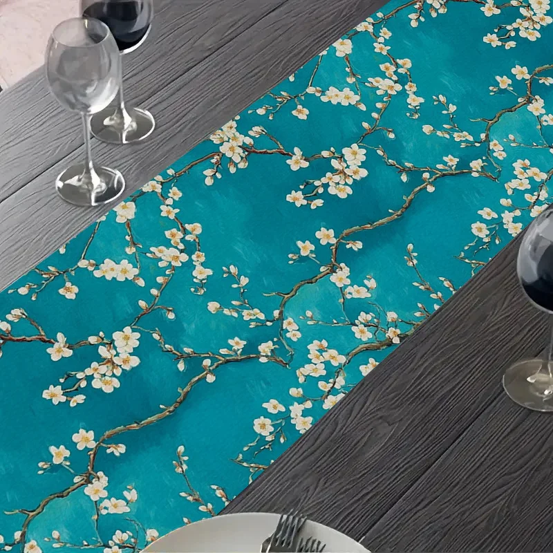 1pc Van Gogh Almond Blossom Linen Table Runner, 2D Print Artistic Table Decor, Kitchen Dining Living Room Decor, Gift for Art Lo
