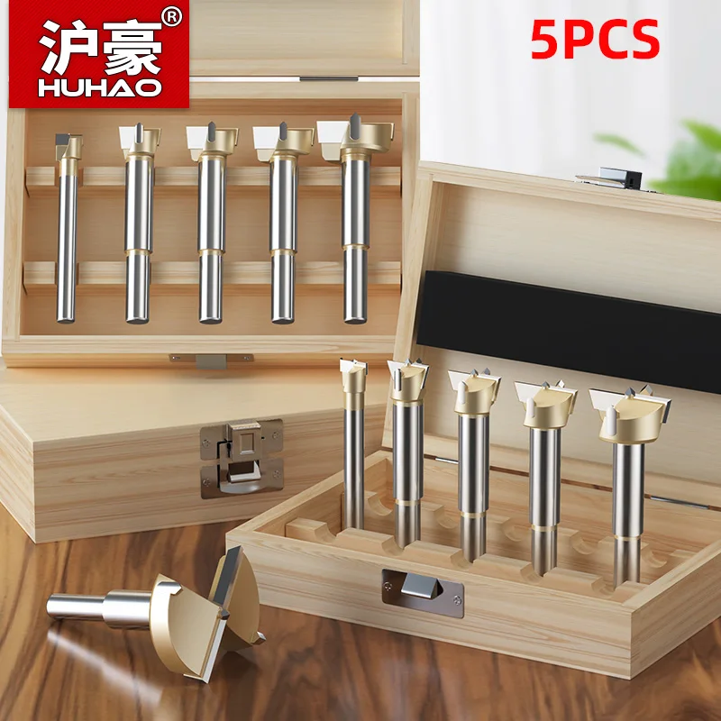 

HUHAO 5 шт. набор сверл Форстнера, деревянная коробка для хранения сверл, сверло для растачивания петель, кольцевая пила, резак, деревообрабатывающие инструменты