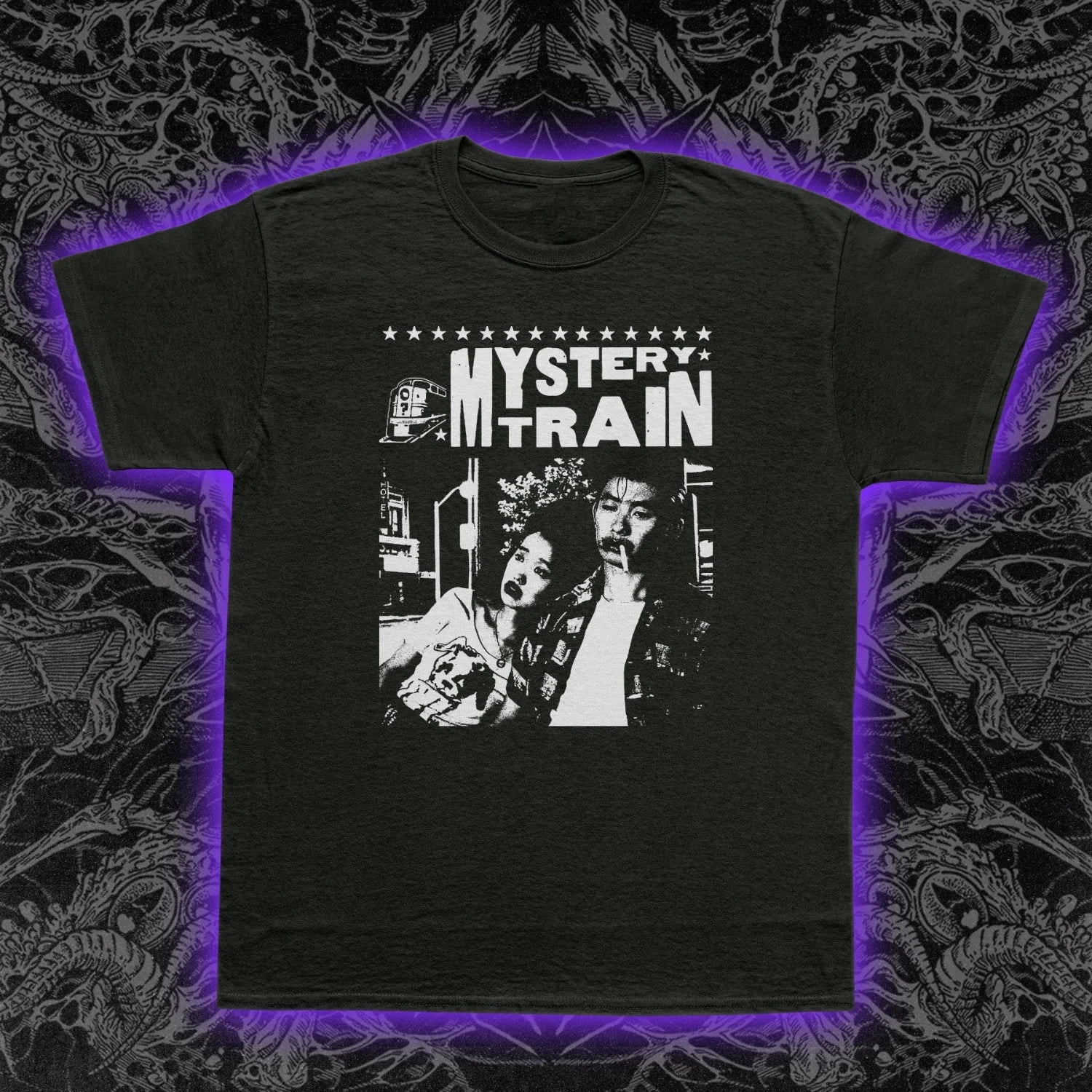 Mystery Train T-shirt featuring the design of Jim Jarmusch from the 1989 cult independent film suitable for couples all seasons