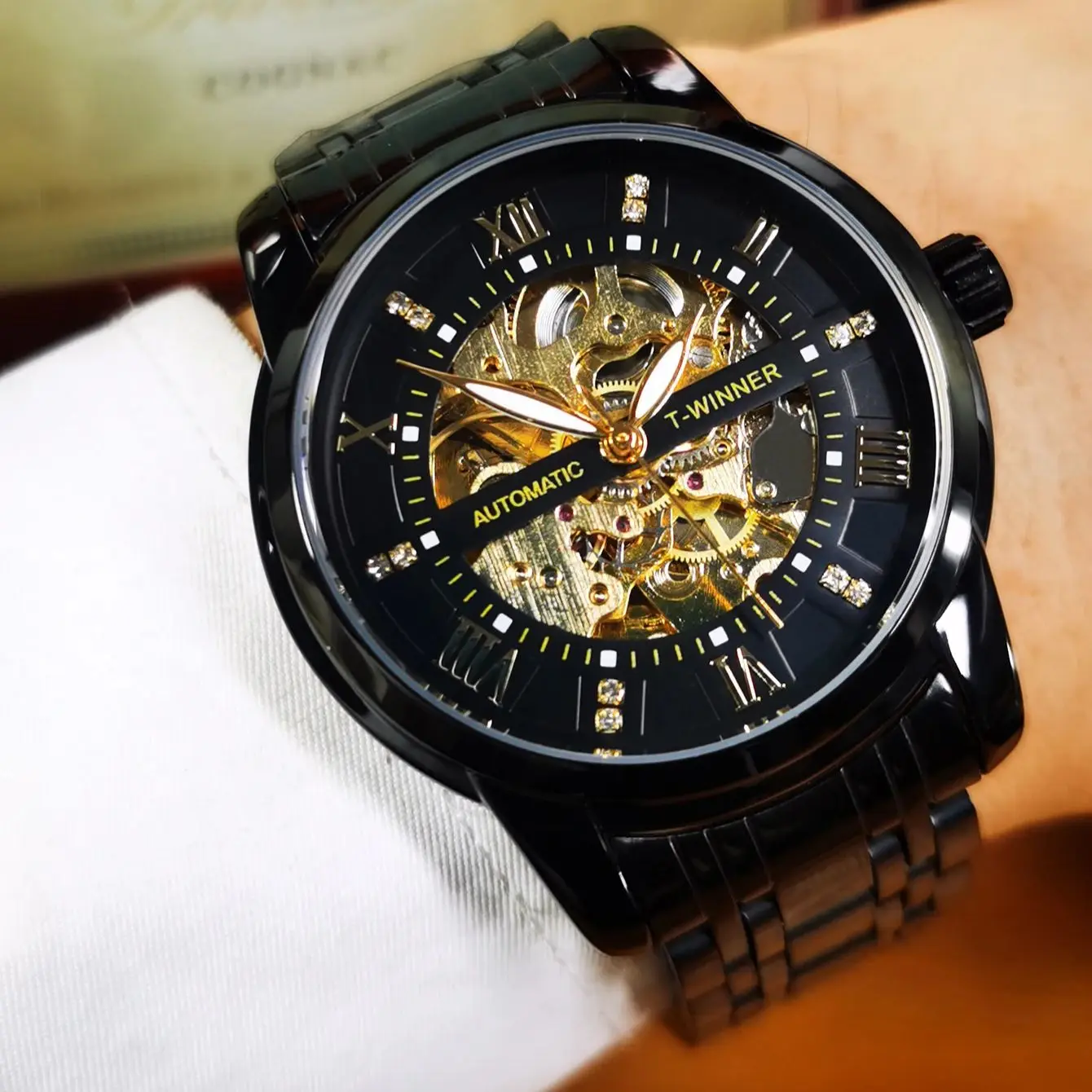 

ПОБЕДИТЕЛЬ Бизнес Механические часы со скелетом для мужчин Светящиеся стрелки Ремешок из нержавеющей стали Модные автоматические часы Лучший бренд Подарки