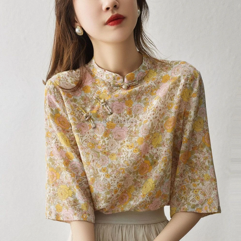 2024 summer daily improved cheongsam top elegant chinese ethnic style floral printing blouse temperament lady loose button top