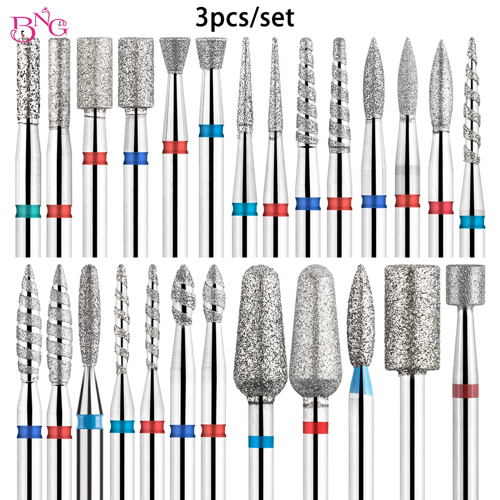 

BNG 3Pcs Nail Drill Bit Set 3/32'' Diamond Drill Bit for Nail E-File Cuticle Remover Bit Safety Drill Bits for Manicure Pedicure