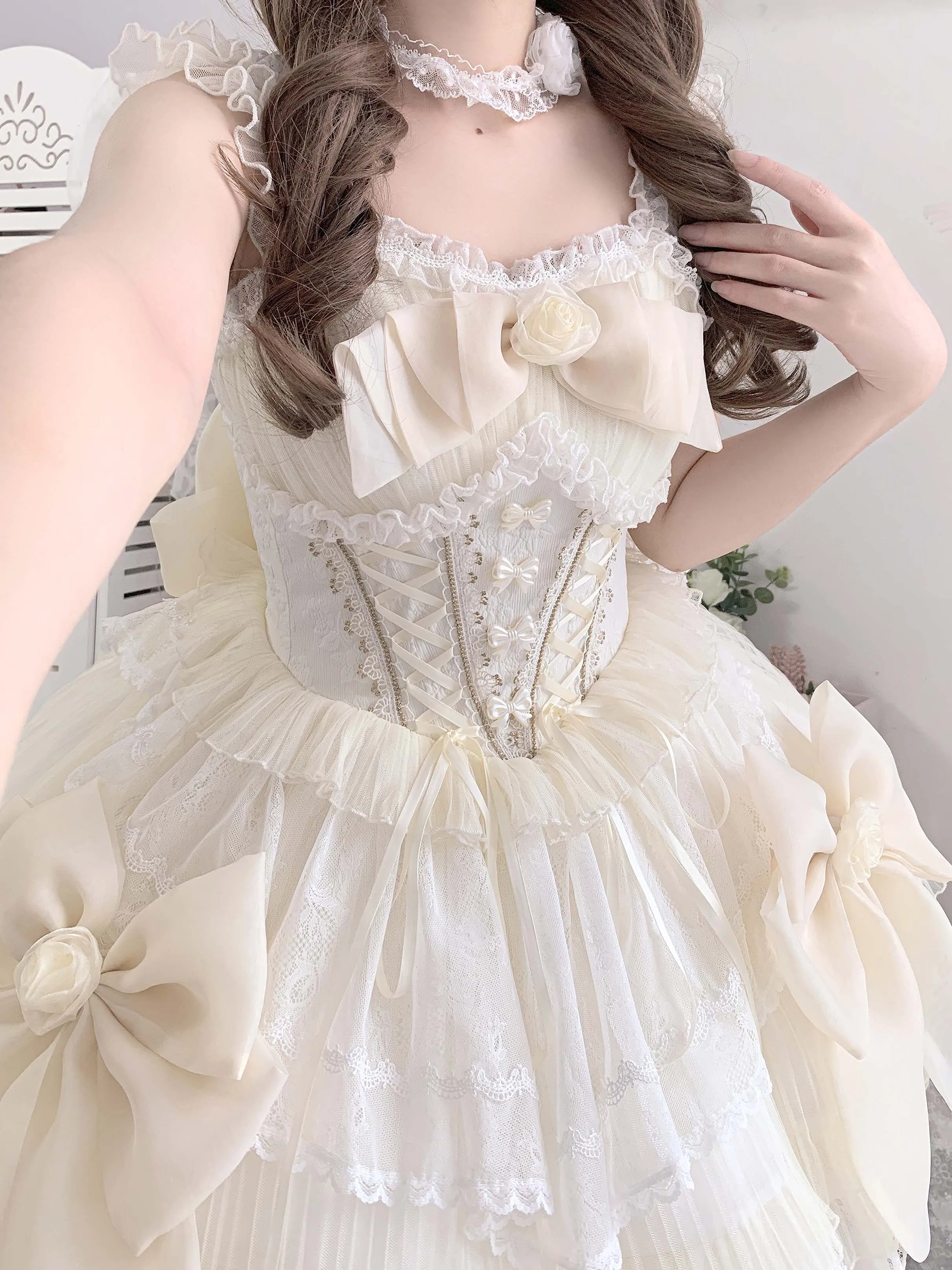 Dophee Original ผู้หญิงชุดแต่งงานดอกไม้ Elegant ลูกไม้เย็บแขนกุดชุดกระโปรง Lolita วันเกิดชุดสั้น