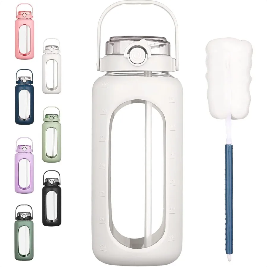 

64oz Glass Water Bottles with Straw Time Marker Half Gallon Large Motivational Water Bottle with Silicone Sleeve 2 Liter Large