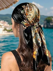Large Hijab Scarves For Women Fashion Print Silk Satin Scarf Female 90cmx90cm Luxury Brand Square Shawls Head Scarfs For Ladies