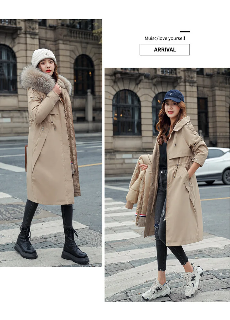 Women Hooded Parkas Coats Long Jackets Solid Detachable Big Fur Lenth Collar Zipper Drawstring Slim Fit Thick Casual 2025 Winter