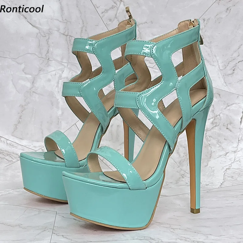 

Ronticool Handwork Women Summer Platform Shiny Sandals Sexy Stiletto Heels Open Toe Pretty Light Blue Party Shoes US Size 5-20