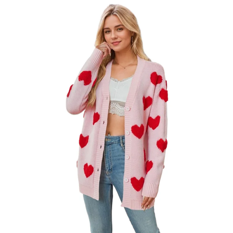 2024temuNew Valentine's Day Heart Knitted CardiganVCollar Button Mid-Length Coat for Women