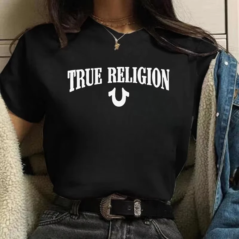 

2025True Religion Women Cotton Tshirt Luxury Brand Fashion Size Top Casual Short Sleeve Streetwear Classic Print New Arrival Tee