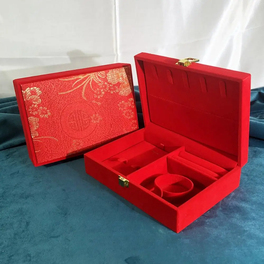 

Dragon and Phoenix Golden Jewelry Set Storage Box Red Vintage Wedding Jewelry Display Box Multicompartment with Clasp Closure