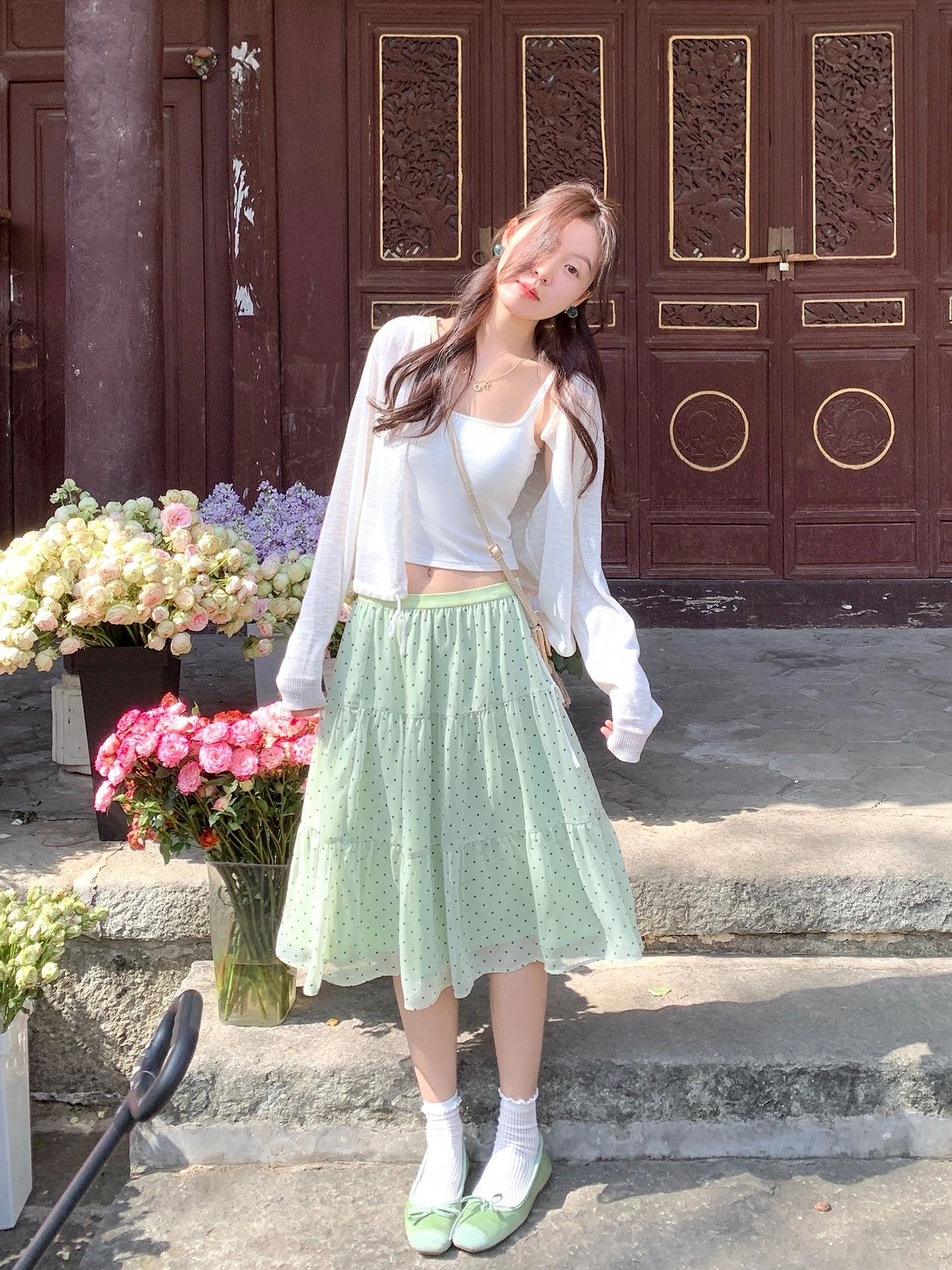 

Зеленая юбка А-силуэта в горошек Dopamine, женская повседневная юбка для праздников, с высокой талией, в деловом стиле, весенняя новинка