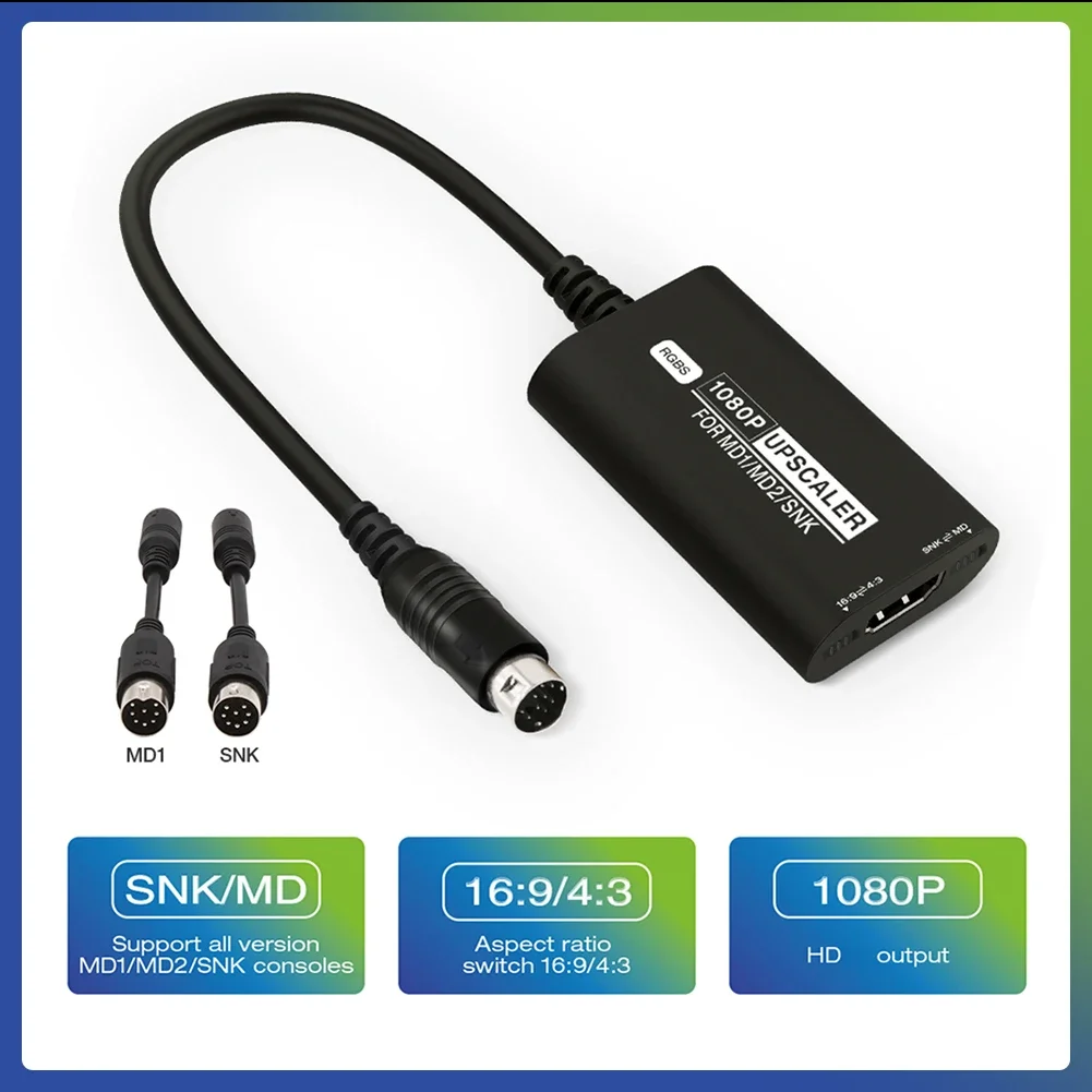 محول فيديو لوحدة التحكم في الألعاب RGBS وحدة تحكم محول متوافقة مع HDMI مع ملحقات ألعاب تبديل نسبة الأظافر لـ SEGA MD1 MD2 SNK